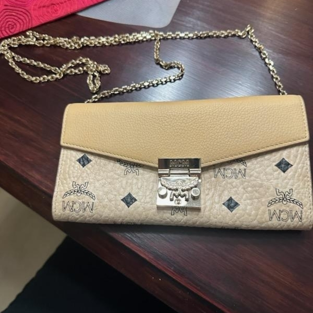MCM Chic Beige and Tan Clutch with Chain Strap